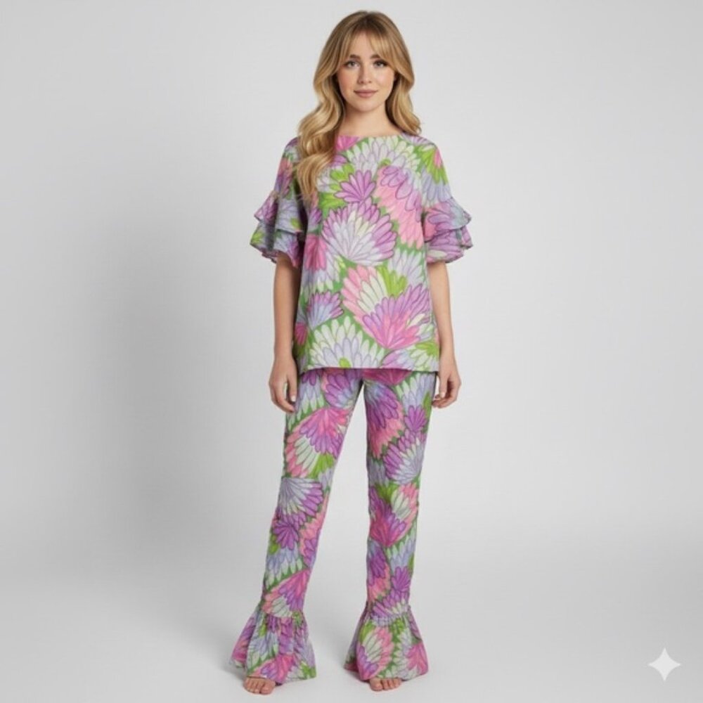 Vintage 60s Pink Purple Floral Hippie Short Sleeve Ruffled Pant Suit - XS/24"